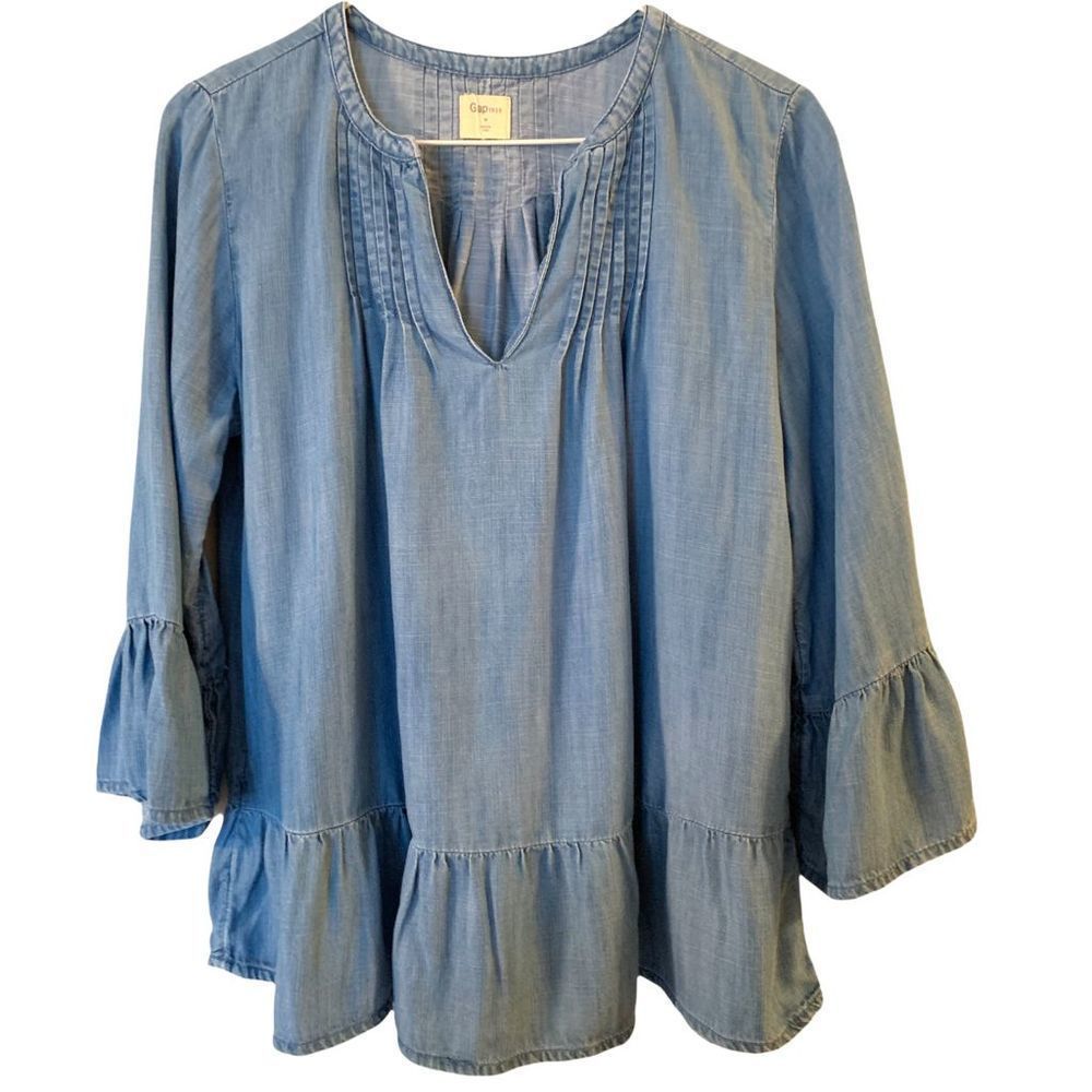 Gap Chambray BoHo  Pleated Light Blue Denim Top M (A-143)